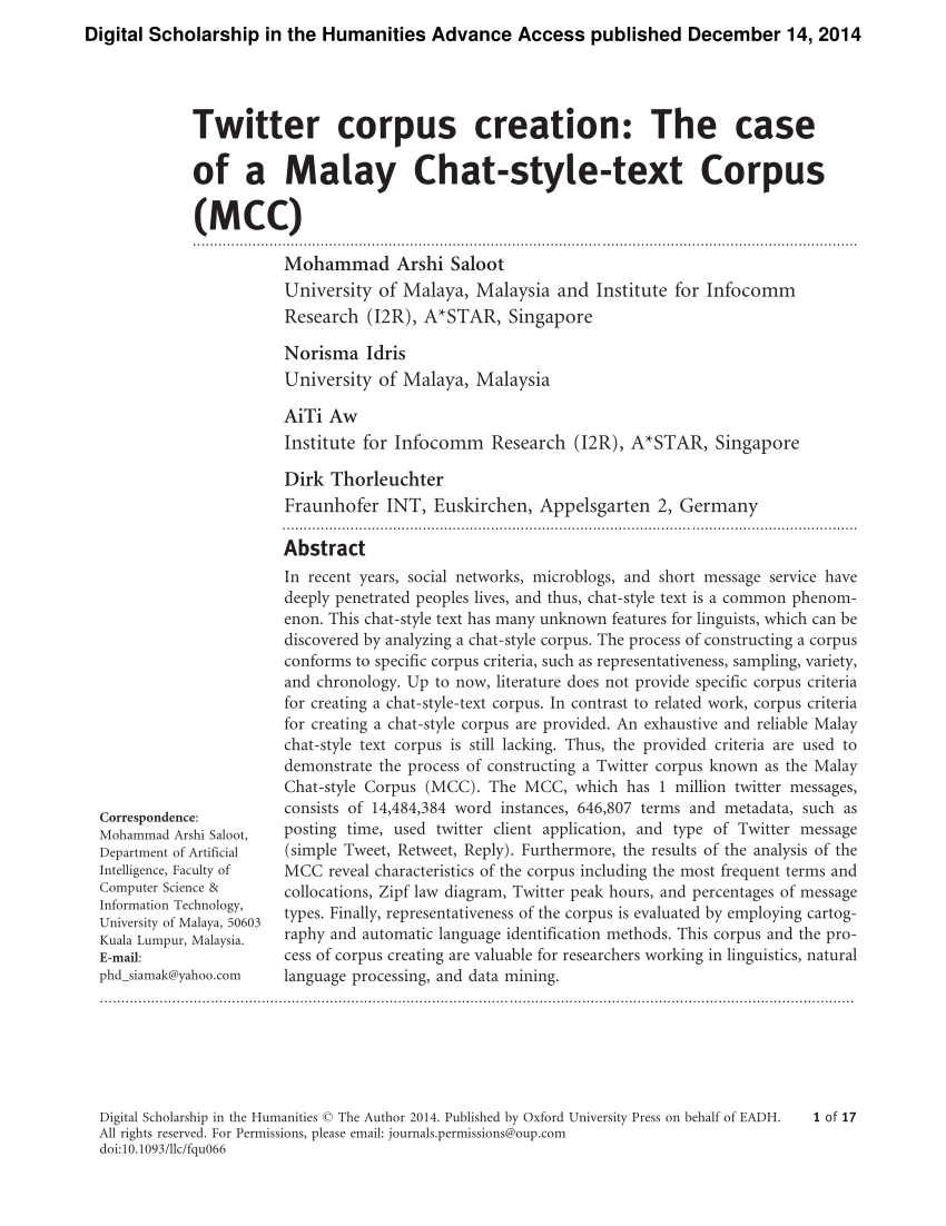 Pdf Twitter Corpus Creation The Case Of A Malay Chat Style Text Corpus Mcc