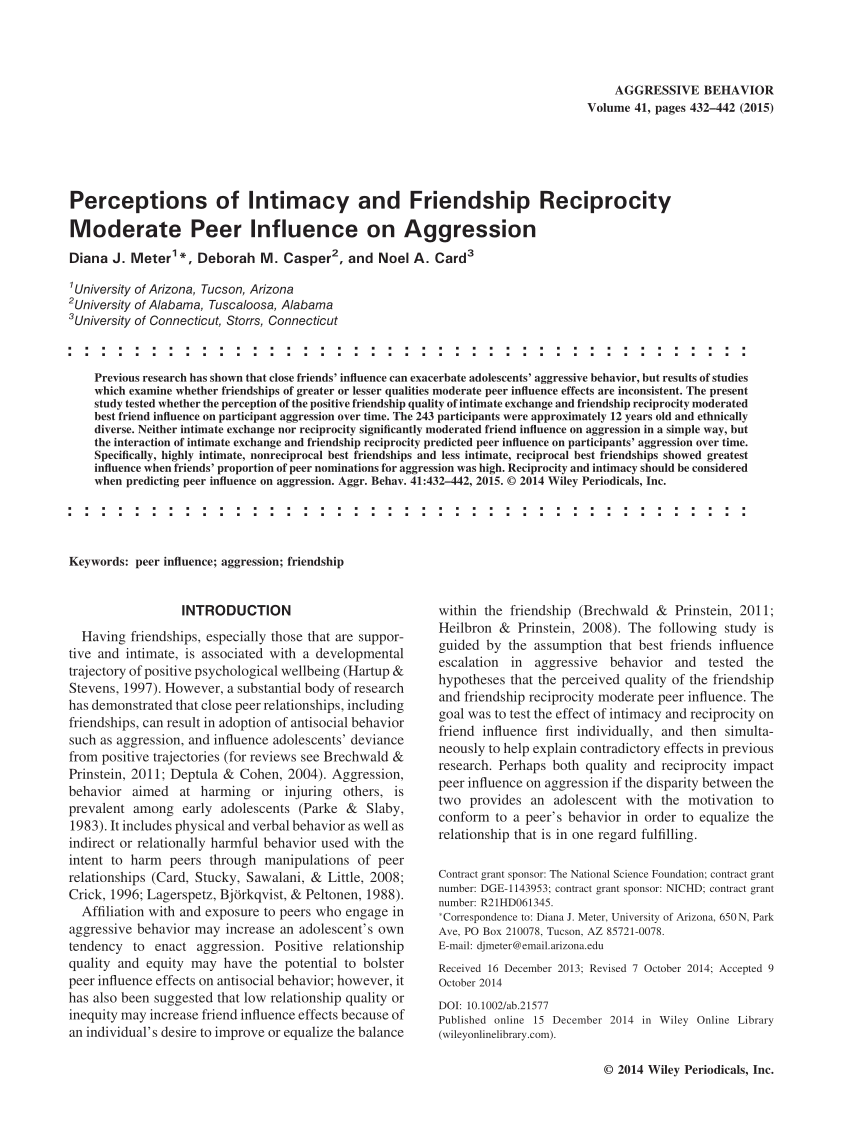 Pdf Perceptions Of Intimacy And Friendship Reciprocity Moderate Peer Influence On Aggression 8772