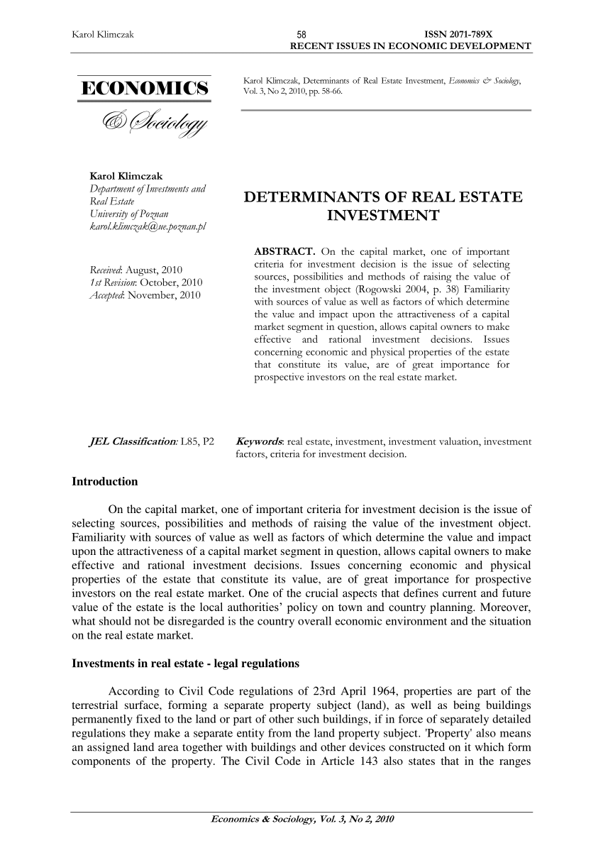 Pdf Determinants Of Real Estate Investment