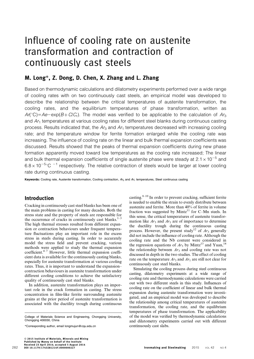 Pdf Influence Of Cooling Rate On Austenite Transformation And Contraction Of Continuously Cast Steels