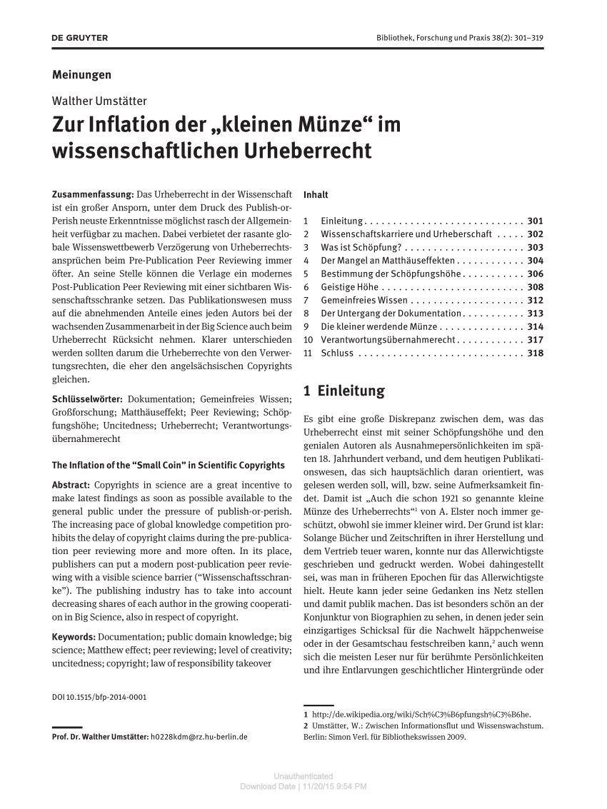 PDF Zur Inflation der „kleinen Münze“ im wissenschaftlichen Urheberrecht