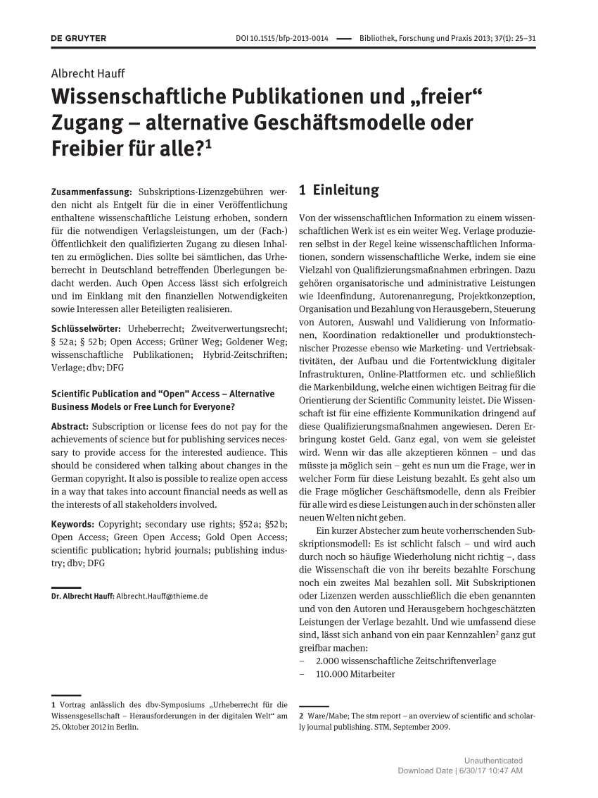 Pdf Wissenschaftliche Publikationen Und „freier“ Zugang Alternative Geschäftsmodelle Oder 8244