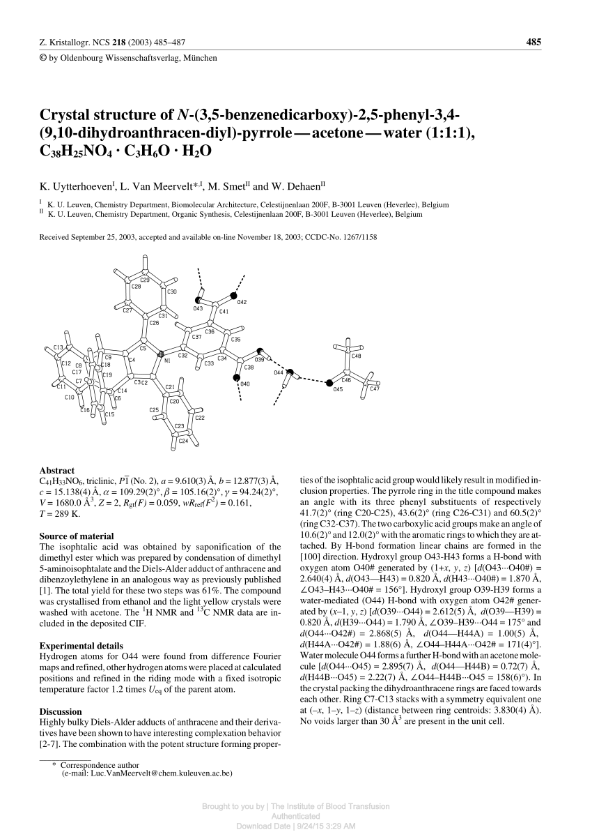 Pdf Crystal Structure Of N 3 5 Benzenedicarboxy 2 5 Phenyl 3 4 9 10 Dihydroanthracen Diyl Pyrrole Acetone Water 1 1 1 C38h 25no4 C3h6o H 2o