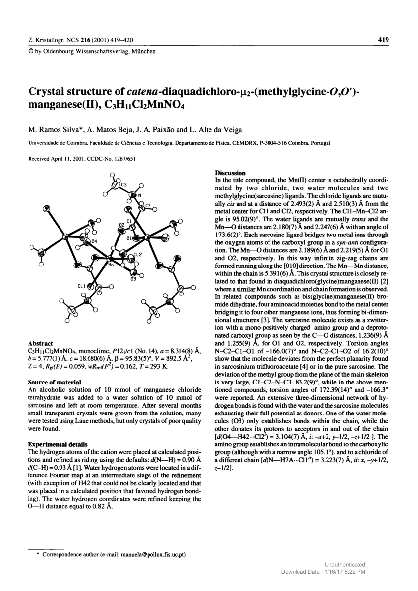 Pdf Crystal Structure Of Catena Diaquadichloro µ2 Methylglycine O O Manganese Ii C3h11cl2mnno4