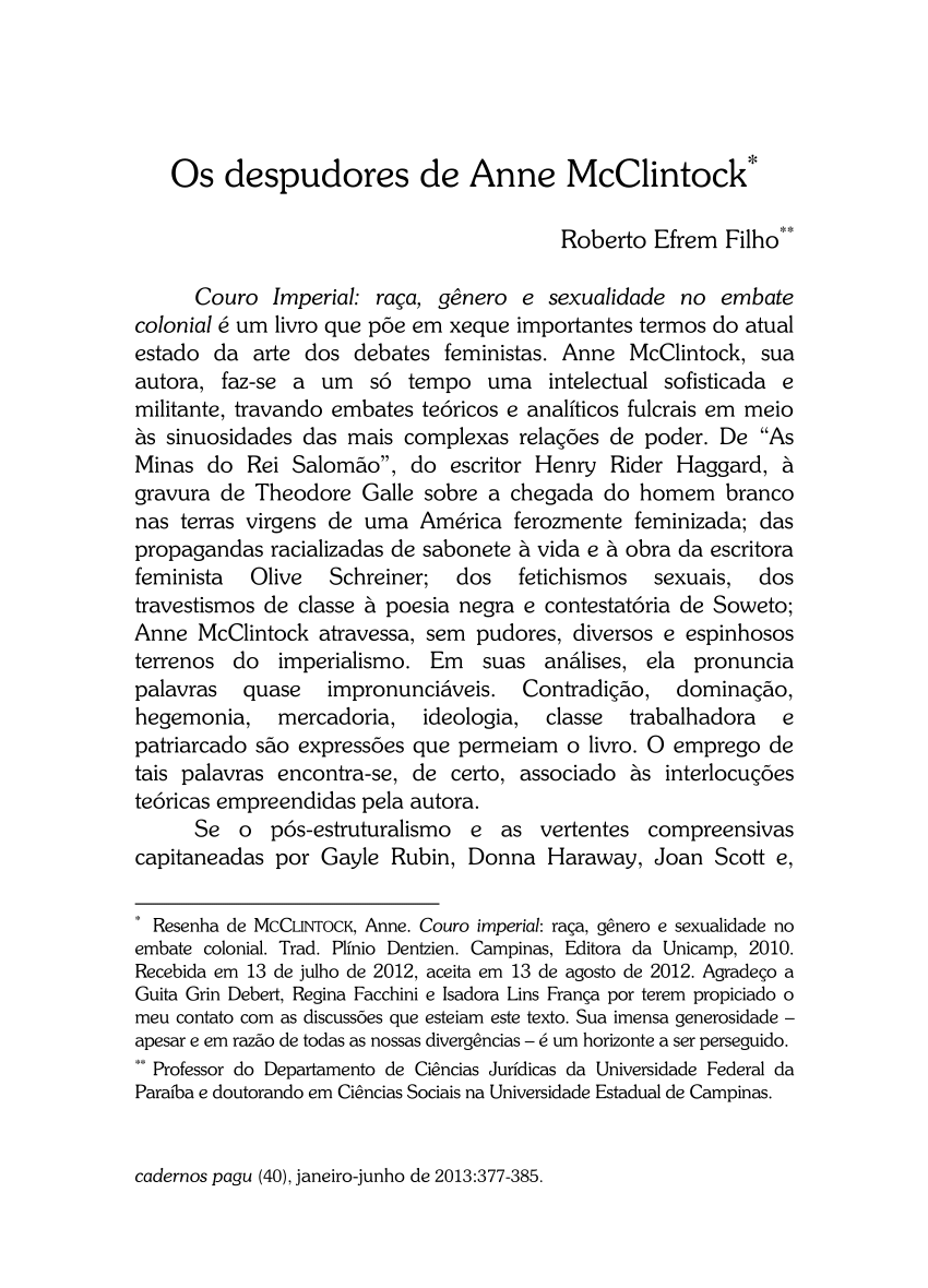 PDF) ANNE McCLINTOCK - COURO IMPERIAL: RAÇA, GÊNERO E SEXUALIDADE NO EMBATE  COLONIAL