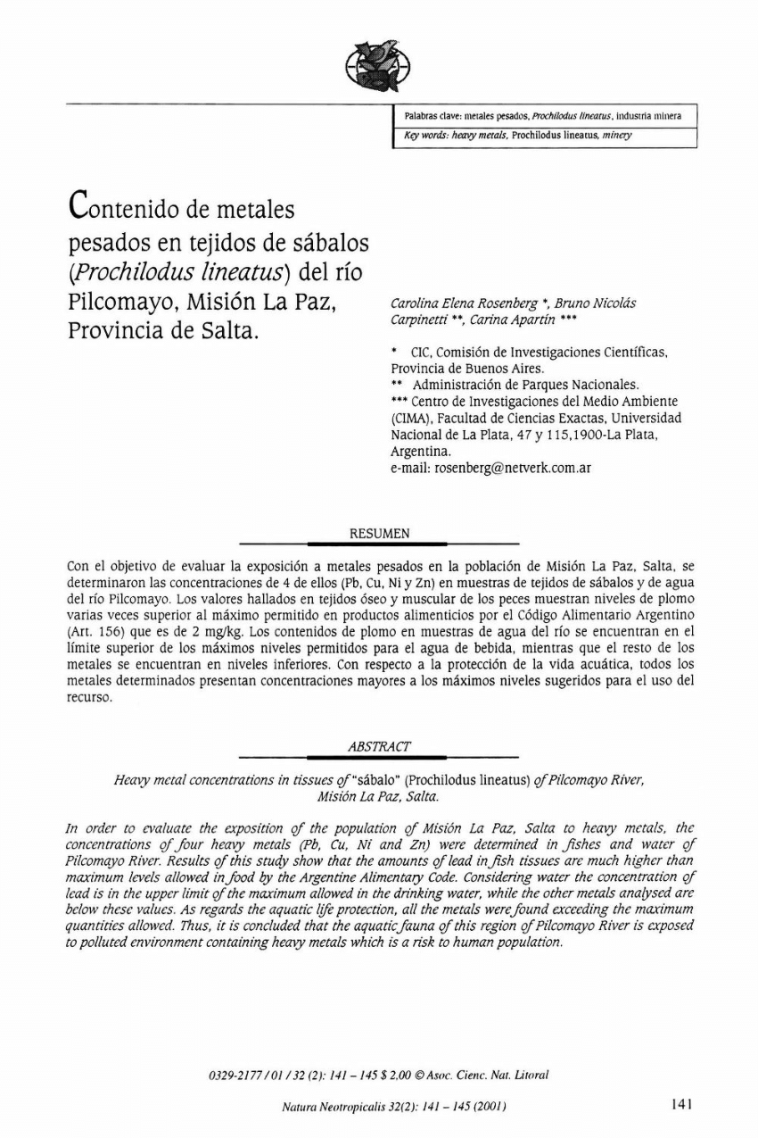 PDF) Contenido de Metales Pesados en Tejidos de Sábalos (Prochilodus  Lineatus) del Río Pilcomayo, Misión La Paz, Provincia de Salta