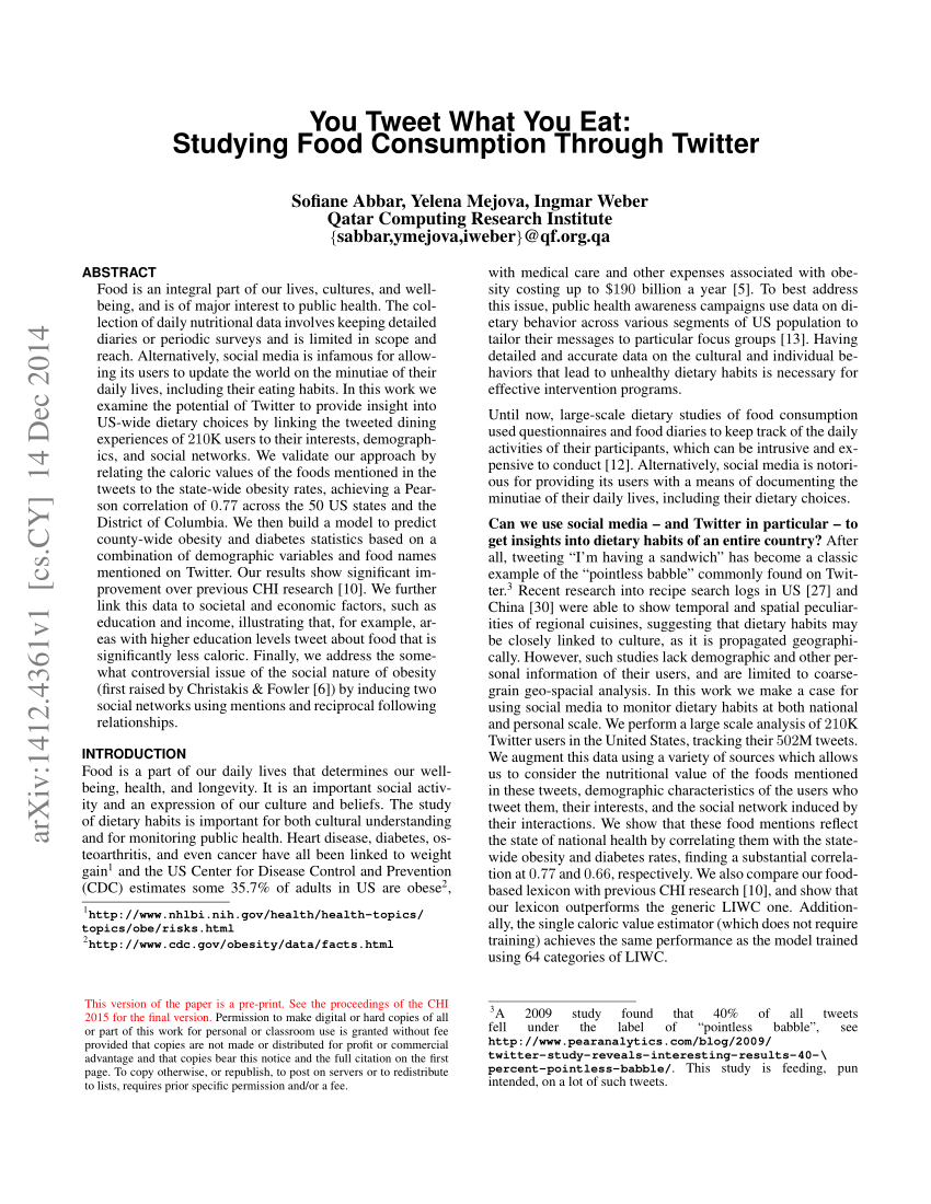 Pdf You Tweet What You Eat Studying Food Consumption Through Twitter
