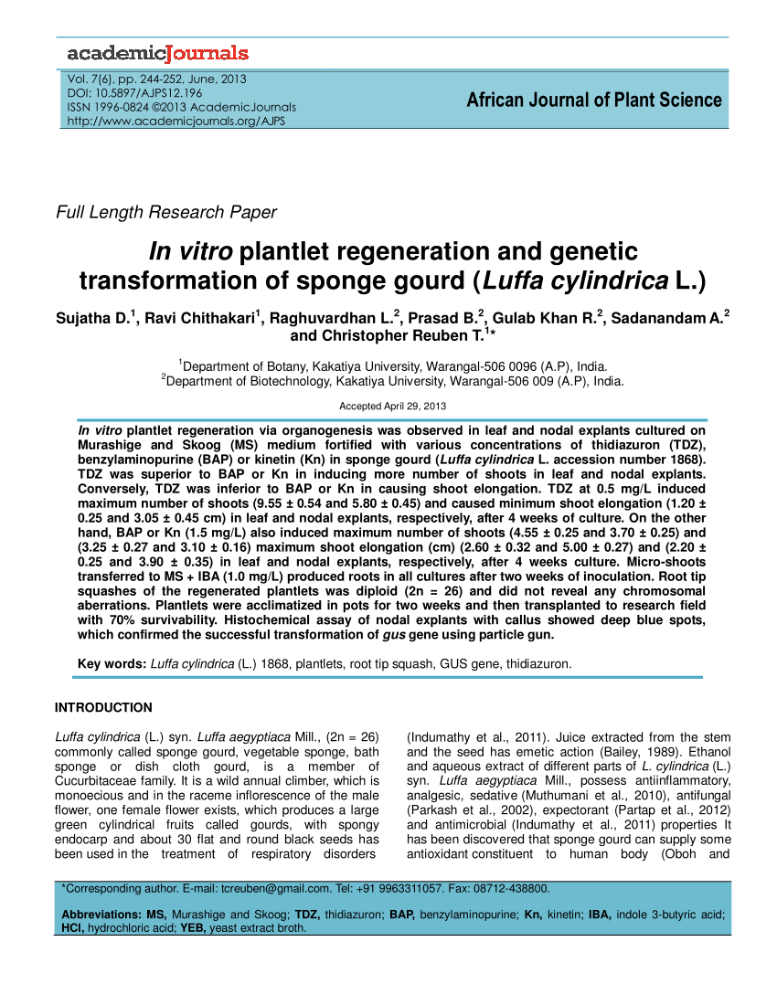 Pdf In Vitro Plantlet Regeneration And Genetic Transformation Of Sponge Gourd Luffa Cylindrica L