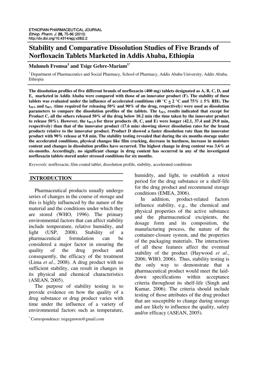 Pdf Stability And Comparative Dissolution Studies Of Five Brands Of Norfloxacin Tablets Marketed In Addis Ababa Ethiopia