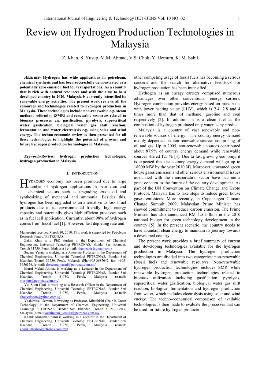 Review of the current technologies and performances of hydrogen