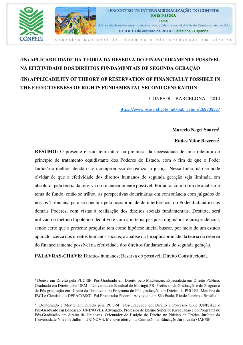 Pdf In Aplicabilidade Da Teoria Da Reserva Do Financeiramente Possivel Na Efetividade Dos Direitos Fundamentais De Segunda Geracao In Applicability Of Theory Of Reservation Of Financially Possible In The Effectiveness Of