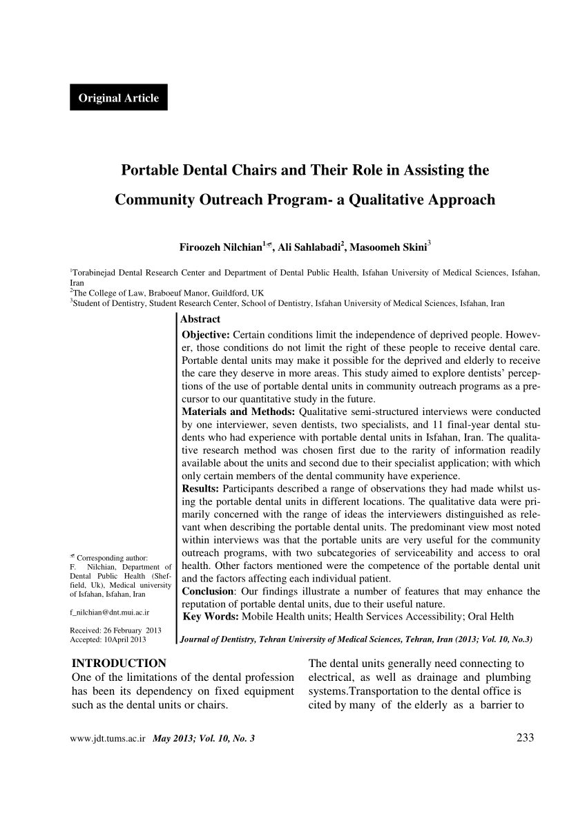 Pdf Portable Dental Chairs And Their Role In Assisting The