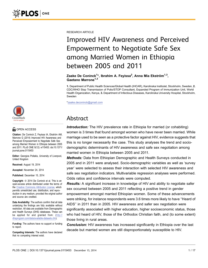 Pdf Improved Hiv Awareness And Perceived Empowerment To Negotiate Safe Sex Among Married Women 9807