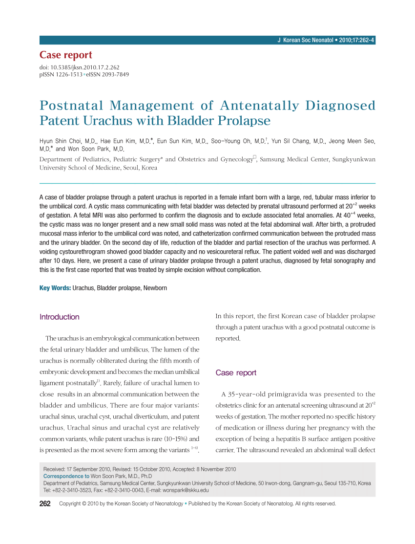 PDF) Postnatal Management of Antenatally Diagnosed Patent Urachus with  Bladder Prolapse