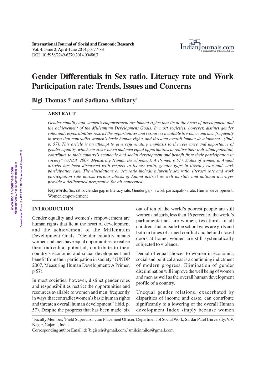 PDF) Gender Differentials in Sex ratio, Literacy rate and Work  Participation rate: Trends, Issues and Concerns