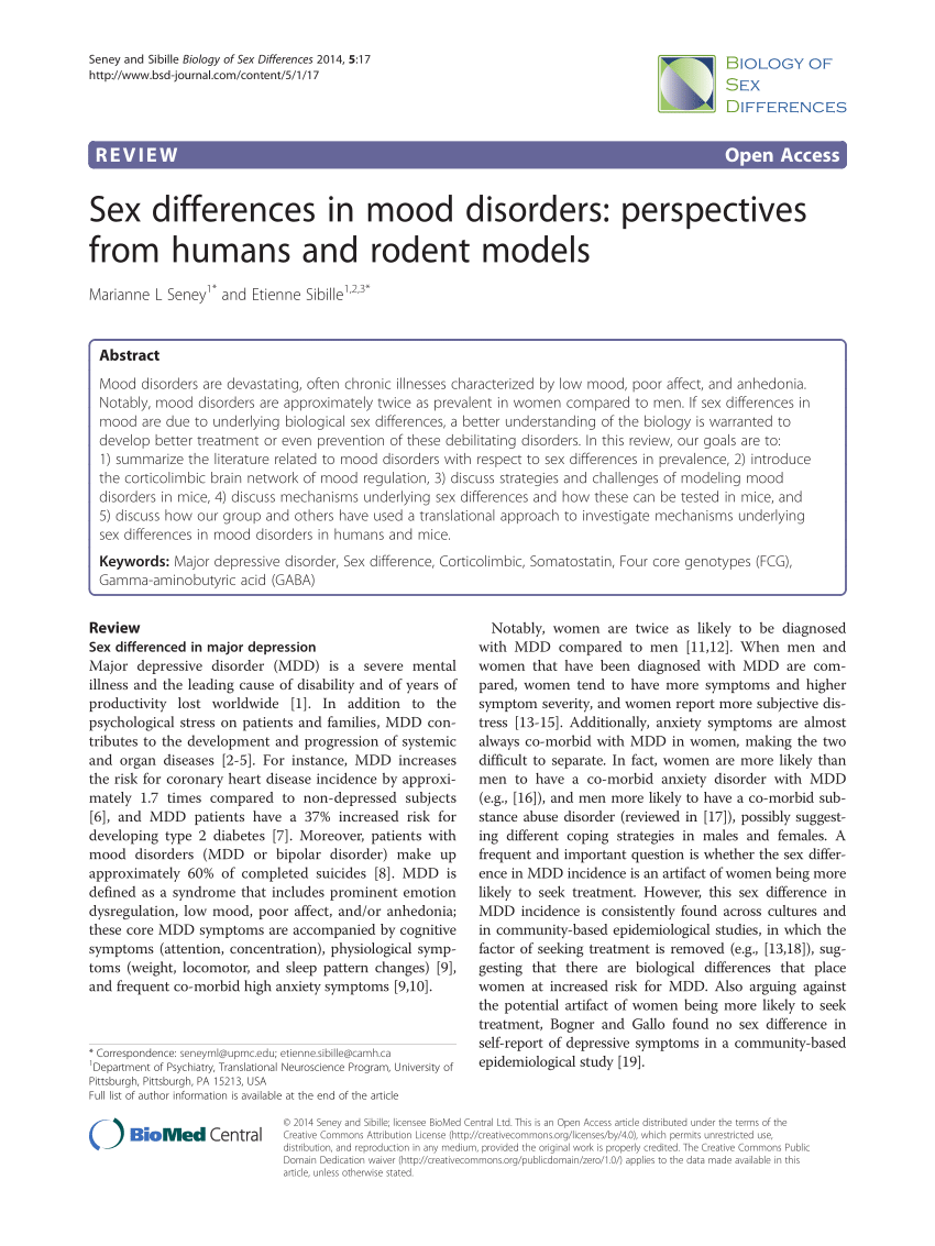 Pdf Sex Differences In Mood Disorders Perspectives From Humans And