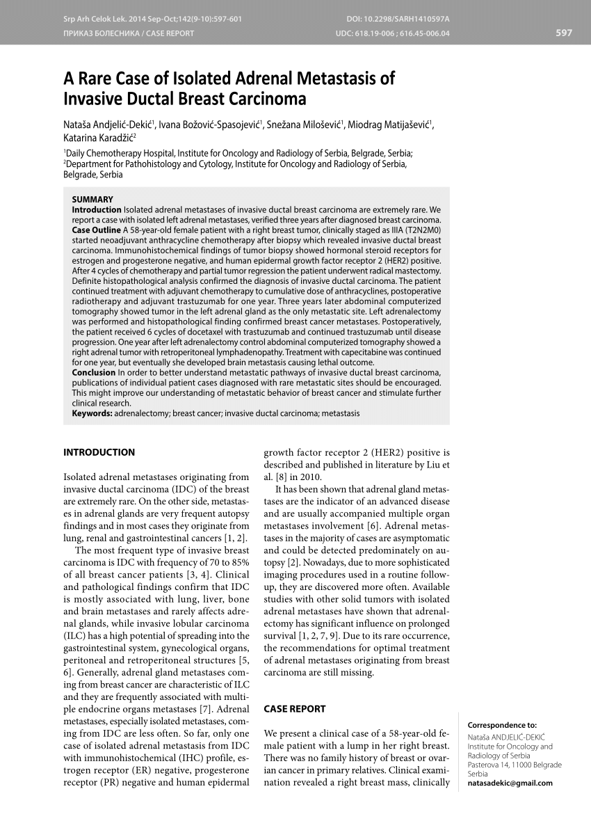 PDF A Rare Case of Isolated Adrenal Metastasis of Invasive Ductal