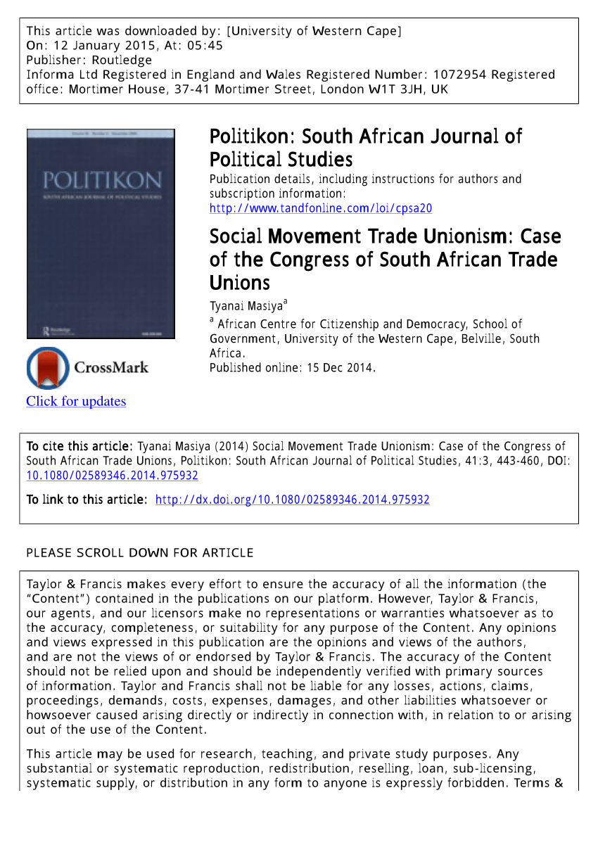 Pdf Social Movement Trade Unionism Case Of The Congress Of South African Trade Unions