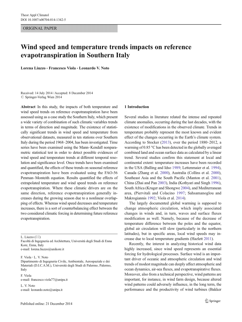 Pdf Wind Speed And Temperature Trends Impacts On Reference Evapotranspiration In Southern Italy