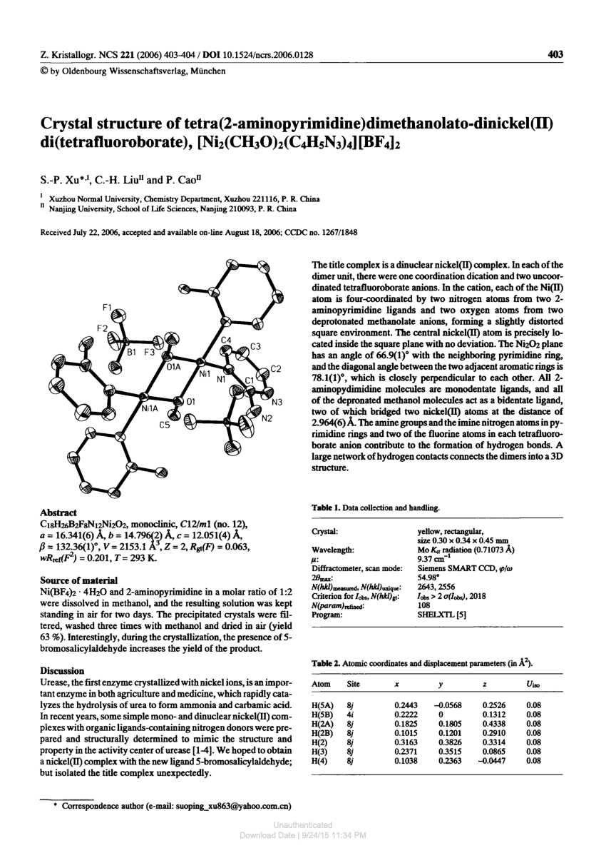 Pdf Crystal Structure Of Tetra 2 Aminopyrimidine Dimethanolato Dinickel Ii Di Tetrafluoroborate Ni2 Ch3o 2 C4h5n3 4 Bf4 2