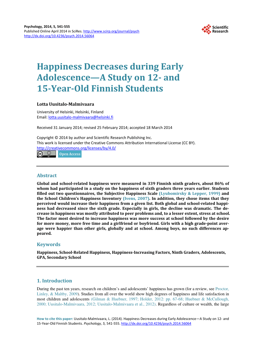 Pdf Happiness Decreases During Early Adolescence A Study On 12 And 15 Year Old Finnish Students