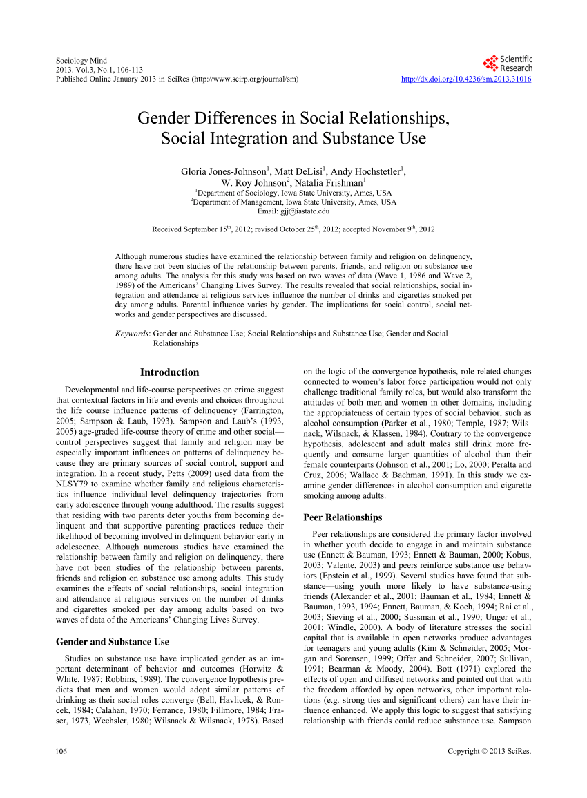 Pdf) Gender Differences In Social Relationships, Social Integration And  Substance Use