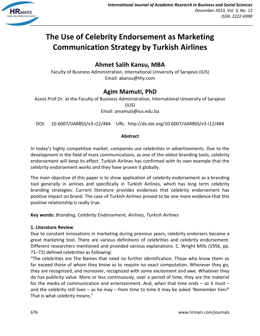 Pdf The Use Of Celebrity Endorsement As Marketing Communication Strategy By Turkish Airlines