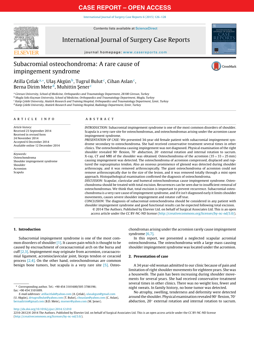 Pdf Subacromial Osteochondroma A Rare Cause Of Impingement Syndrome