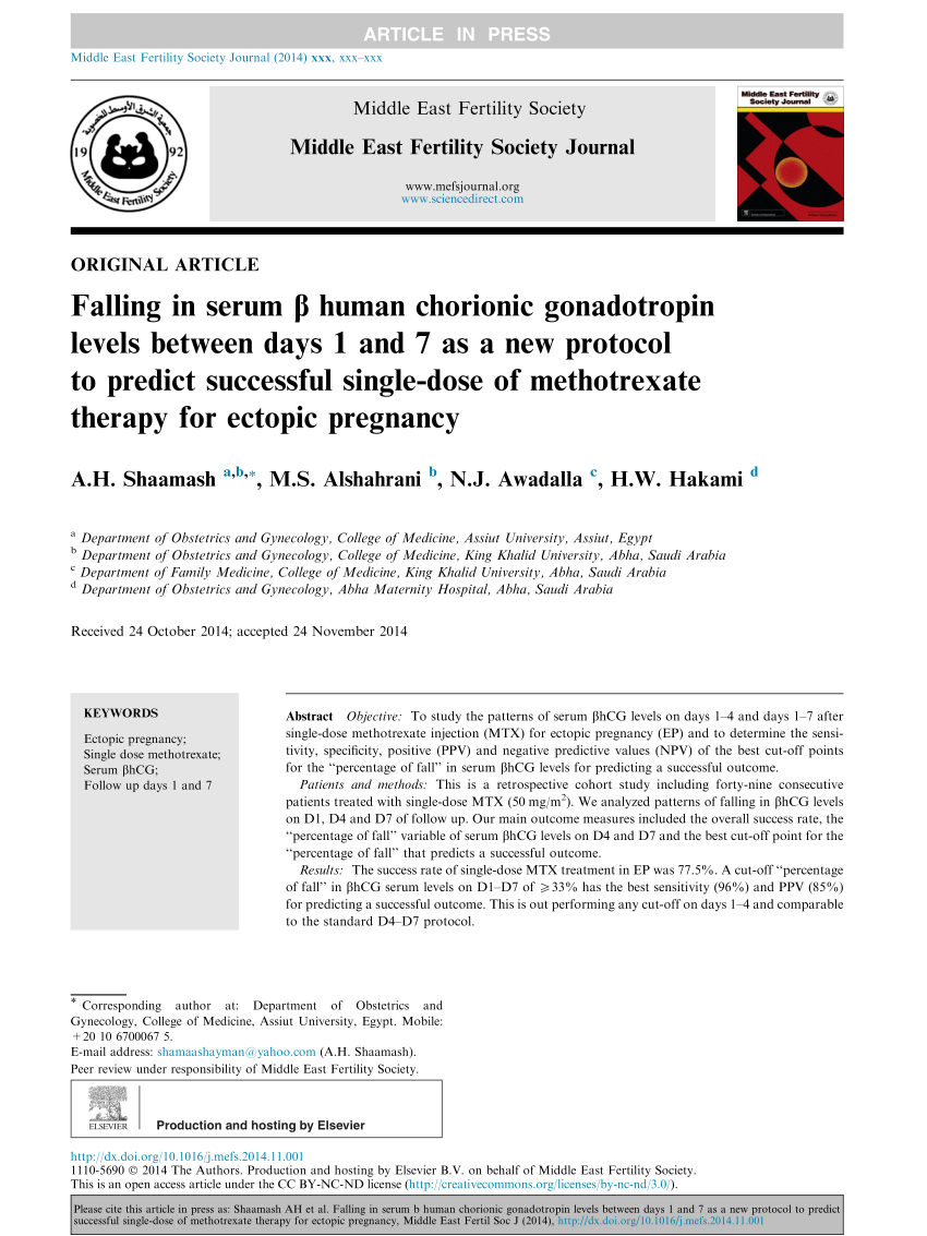 Pdf Falling In Serum B Human Chorionic Gonadotropin Levels Between Days 1 And 7 As A New Protocol To Predict Successful Single Dose Of Methotrexate Therapy For Ectopic Pregnancy