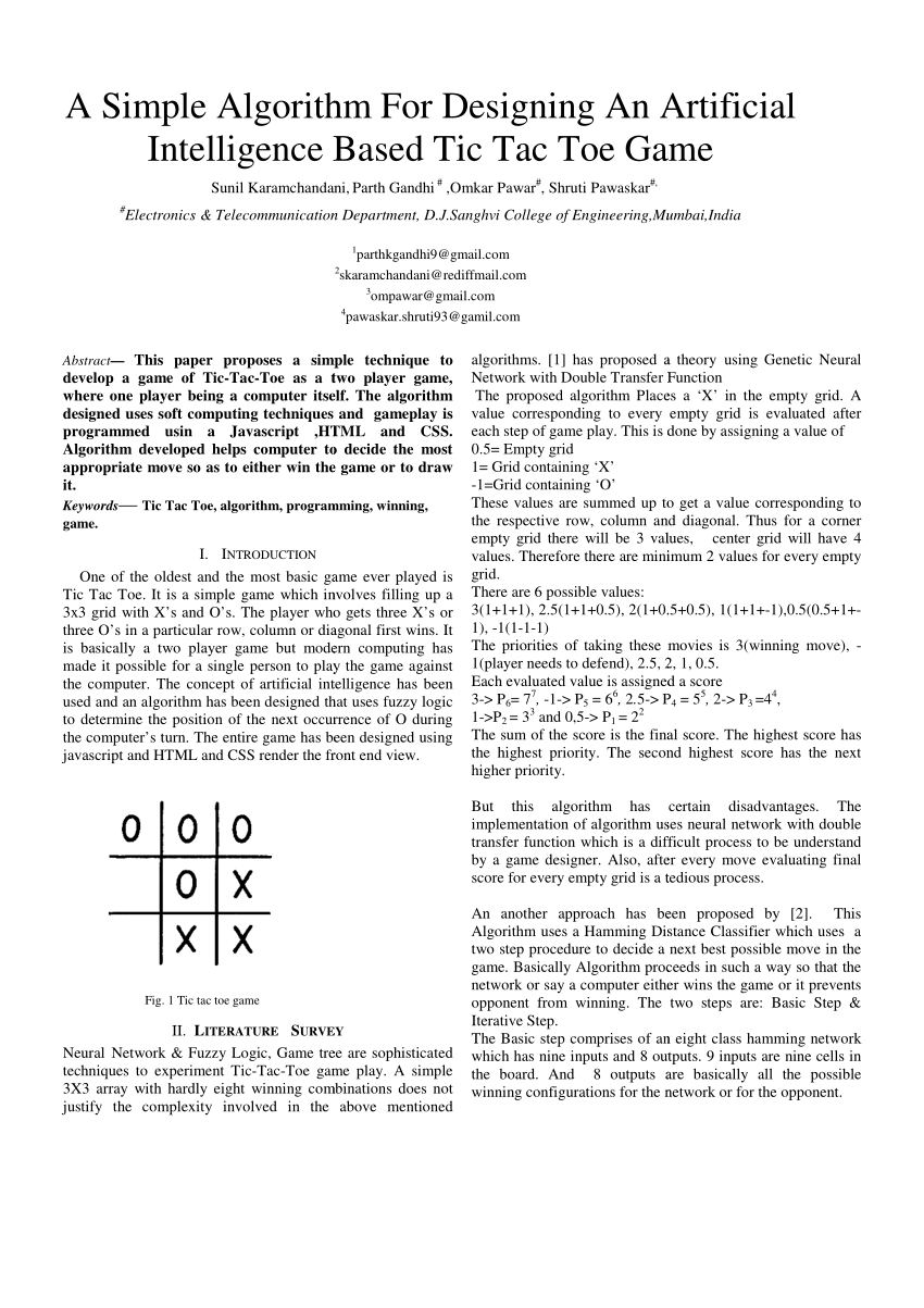 Pdf A Simple Algorithm For Designing An Artificial Intelligence Based Tic Tac Toe Game
