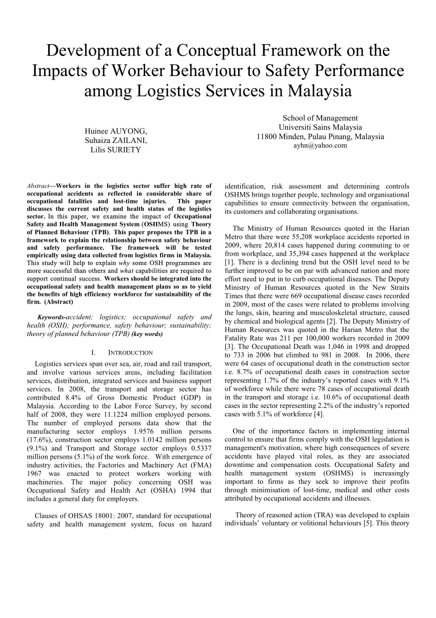 Pdf Development Of A Conceptual Framework On The Impacts Of Worker Behaviour To Safety Performance Among Logistics Services In Malaysia