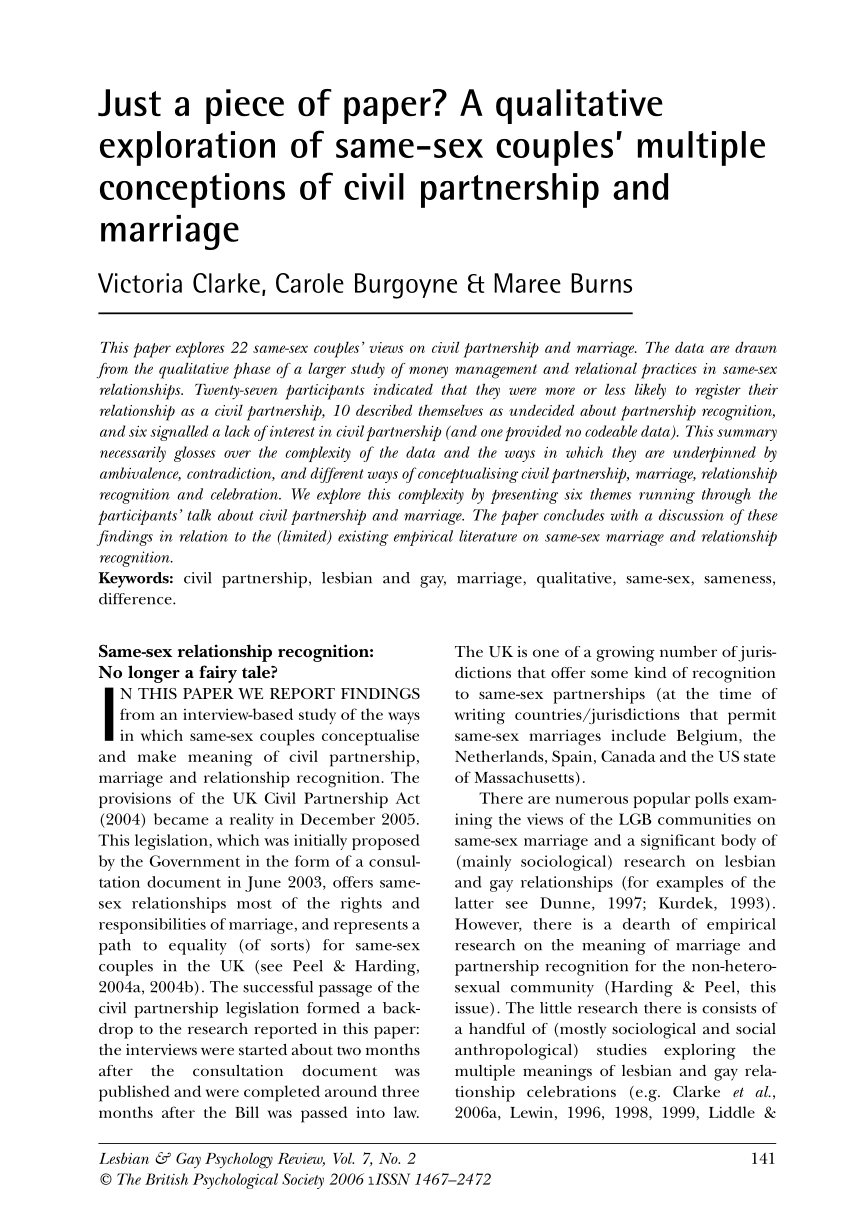 PDF) Just a piece of paper? A qualitative exploration of same-sex couples multiple conceptions of civil partnership and marriage