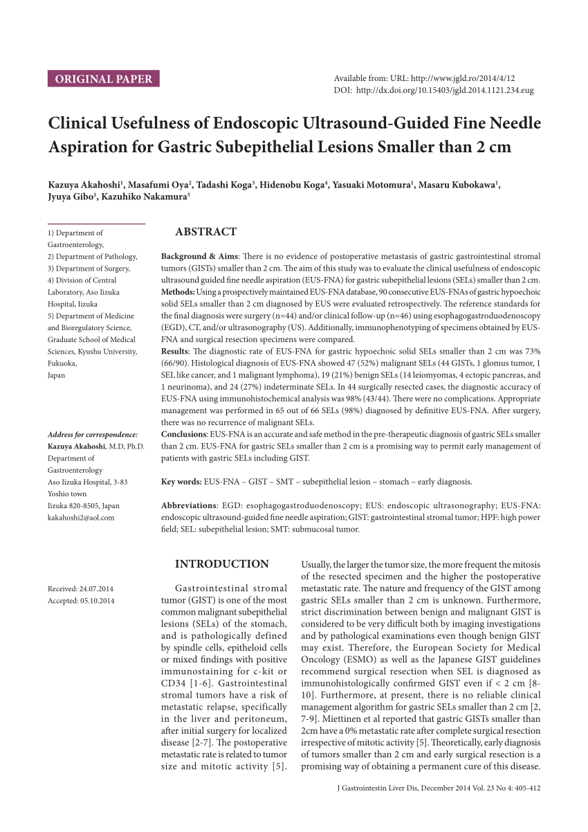 Pdf Clinical Usefulness Of Endoscopic Ultrasound Guided Fine Needle Aspiration For Gastric 