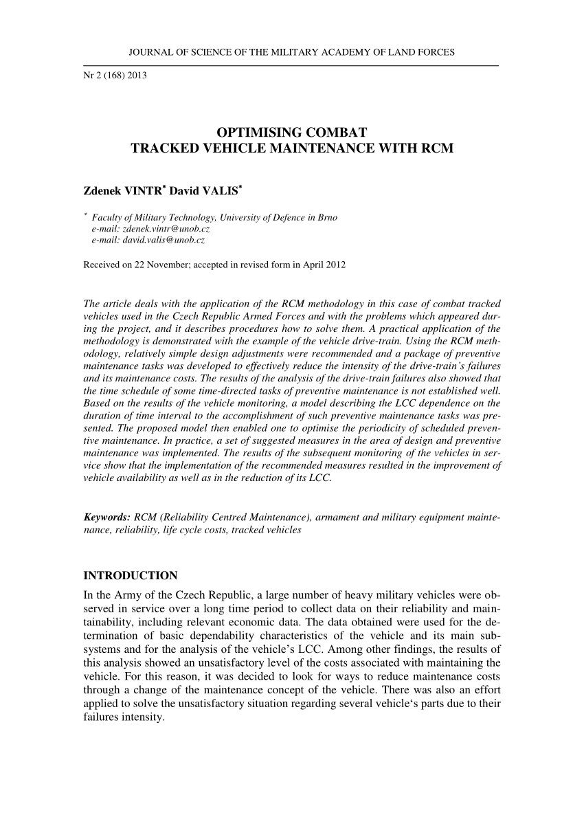 PDF OPTIMISING COMBAT TRACKED VEHICLE MAINTENANCE WITH RCM