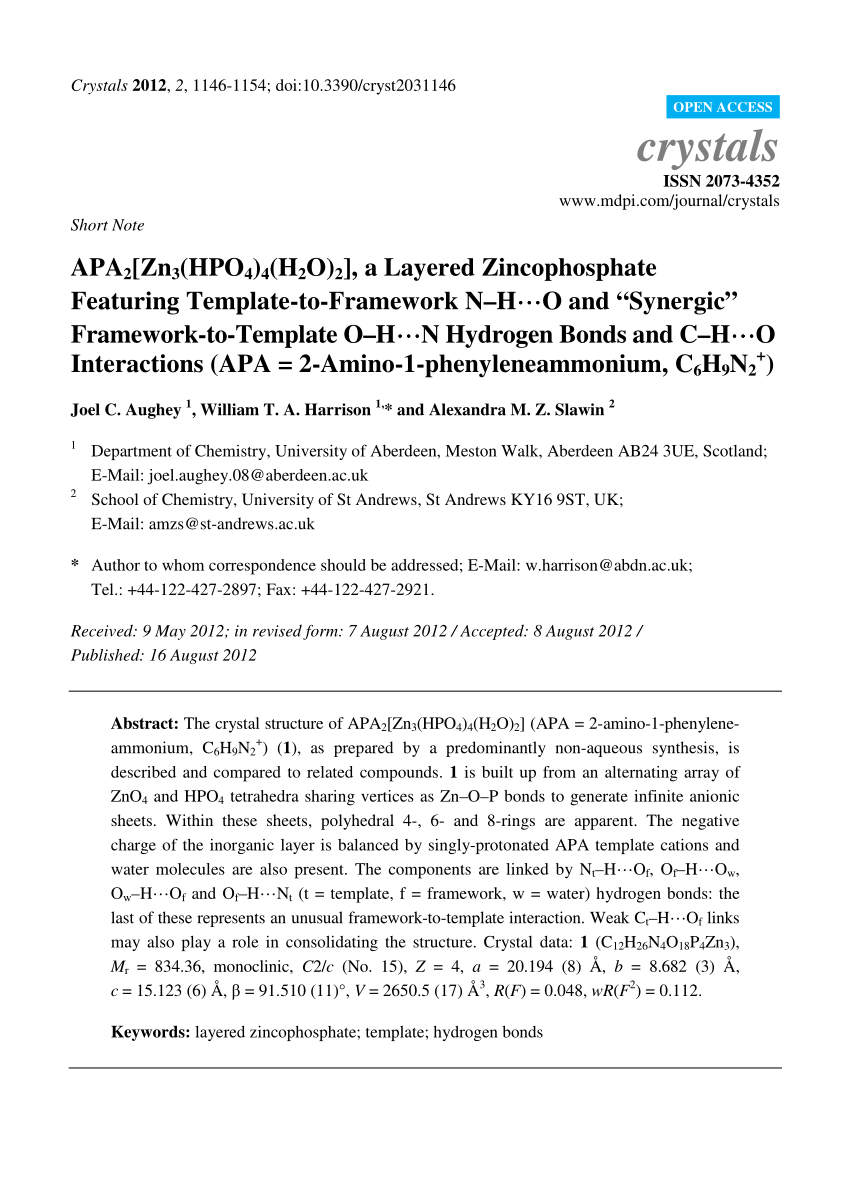 Pdf Apa2 Zn3 Hpo4 4 H2o 2 A Layered Zincophosphate Featuring Template To Framework N H O And Synergic Framework To Template O H N Hydrogen Bonds And C H O Interactions Apa 2 Amino 1 Phenyleneammonium C6h9n2