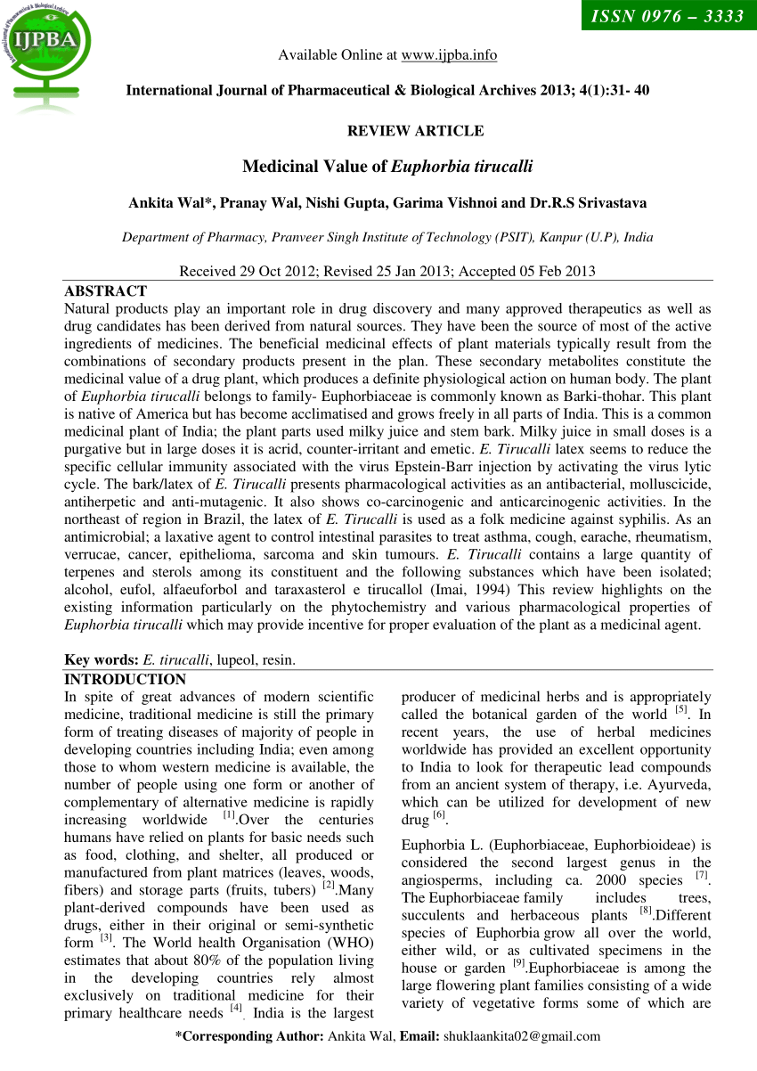 (PDF) Medicinal Value of Euphorbia Tirucalli