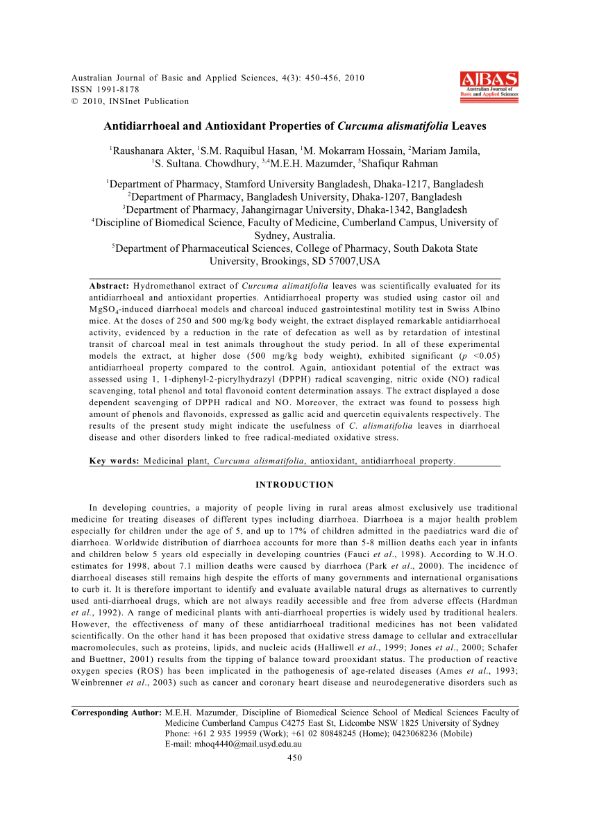 Pdf Antidiarrheal And Antioxidant Properties Of Curcuma Alismatifolia Leaves