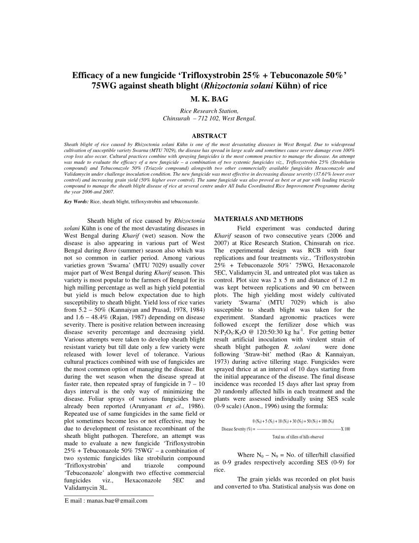 (PDF) Efficacy of a new fungicide ‘Trifloxystrobin 25% + Tebuconazole Sns-Brigh10