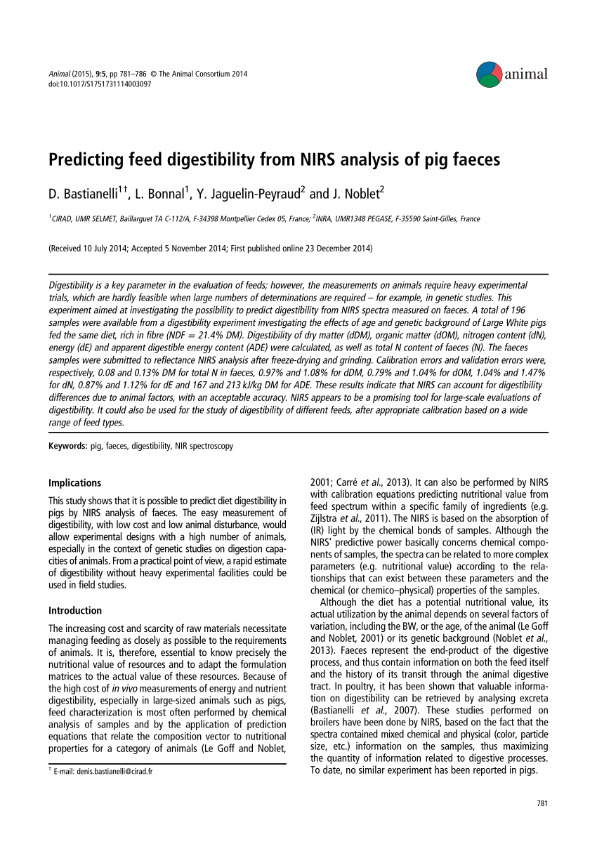 Pdf Predicting Feed Digestibility From Nirs Analysis Of Pig Faeces