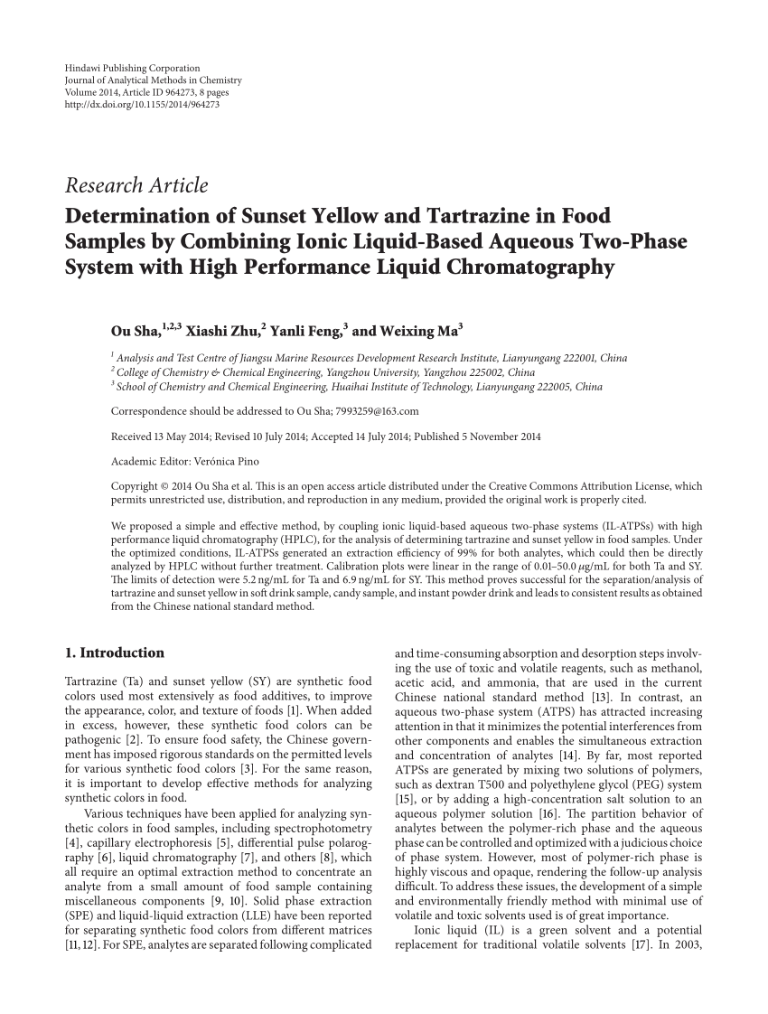 Pdf Determination Of Sunset Yellow And Tartrazine In Food Samples By Combining Ionic Liquid Based Aqueous Two Phase System With High Performance Liquid Chromatography
