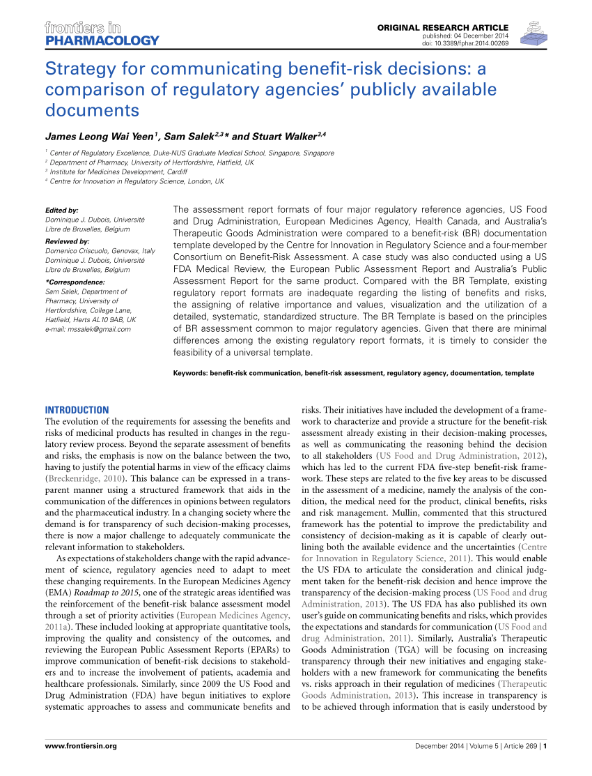 Contributing to Evidence-Based Regulatory Decisions: A Comparison