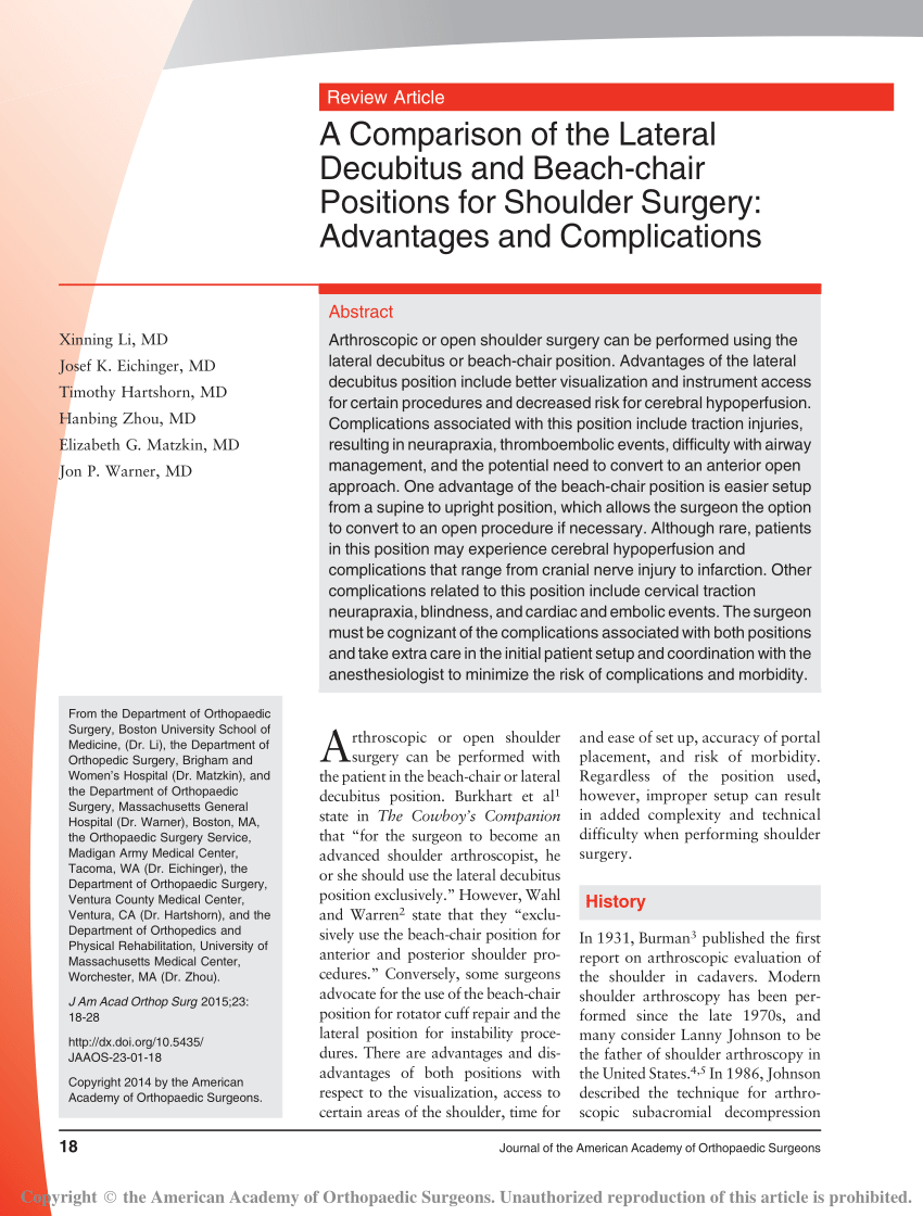 Pdf A Comparison Of The Lateral Decubitus And Beach Chair Positions For Shoulder Surgery Advantages And Complications