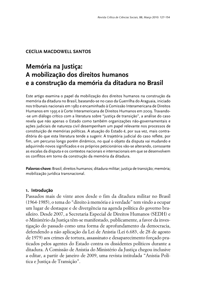 Pdf Memória Na Justiça A Mobilização Dos Direitos Humanos E A Construção Da Memória Da 7832