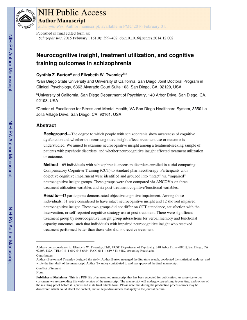 (PDF) Neurocognitive insight, treatment utilization, and cognitive ...