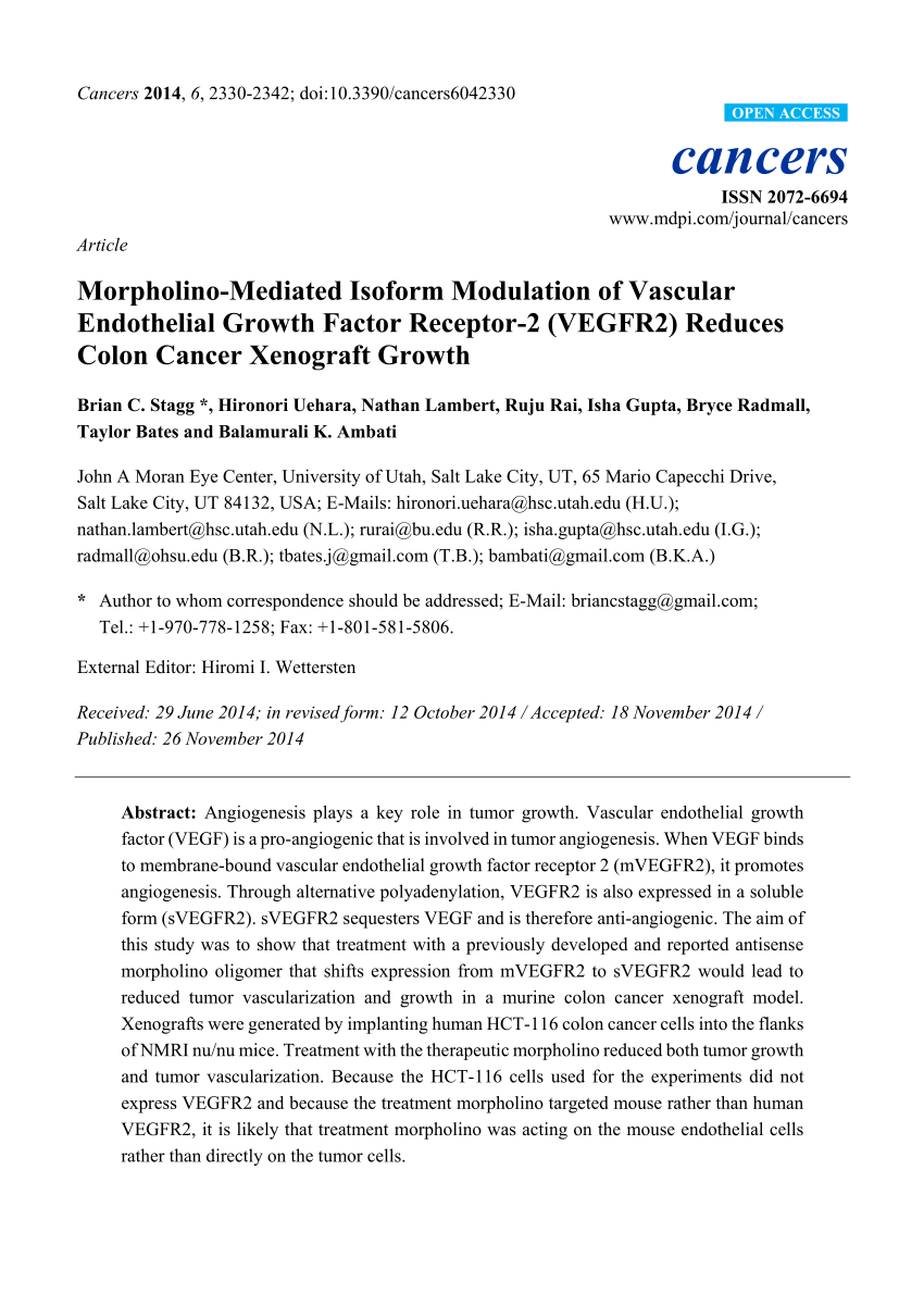 Pdf Morpholino Mediated Isoform Modulation Of Vascular Endothelial Growth Factor Receptor 2 Vegfr2 Reduces Colon Cancer Xenograft Growth
