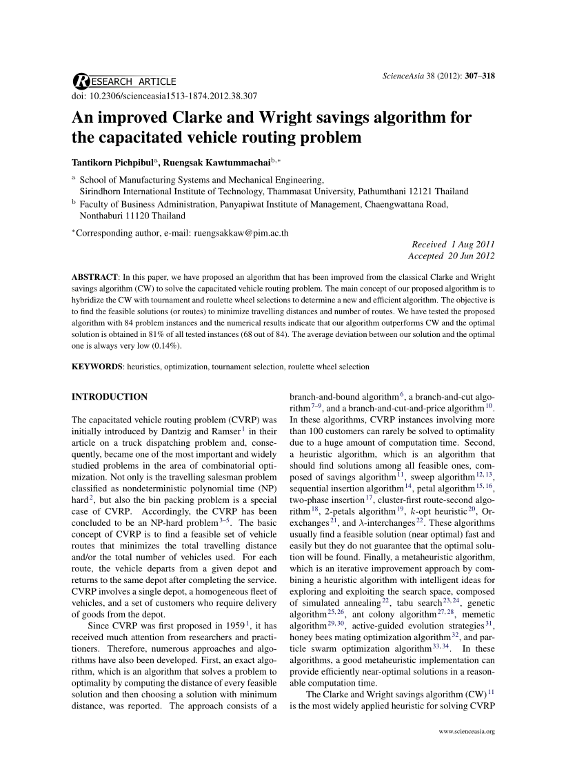 Pdf An Improved Clarke And Wright Savings Algorithm For The Capacitated Vehicle Routing Problem