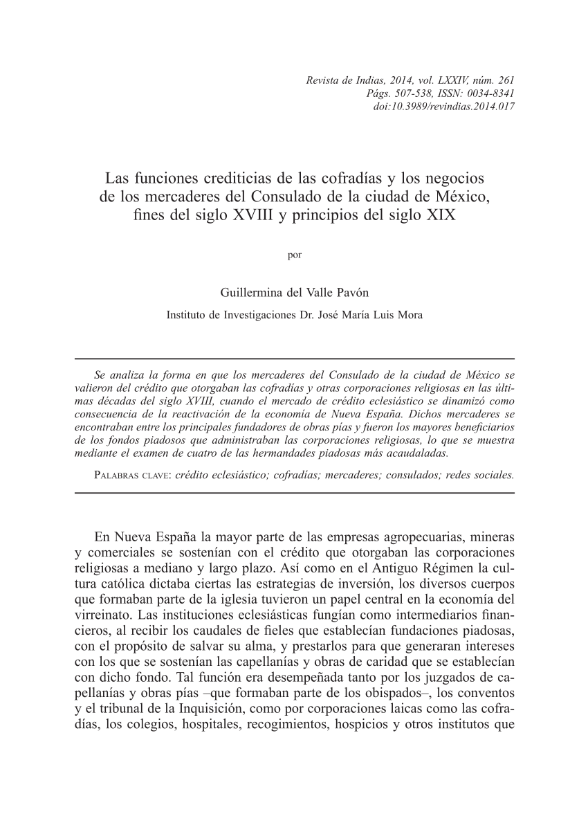 Pdf Las Funciones Crediticias De Las Cofradias Y Los Negocios De Los Mercaderes Del Consulado De La Ciudad De Mexico Fines Del Siglo Xviii Y Principios Del Siglo Xix