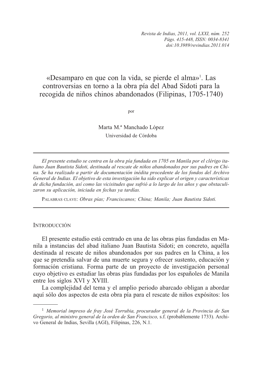 Pdf Desamparo En Que Con La Vida Se Pierde El Alma Las Controversias En Torno A La Obra Pia Del Abad Sidoti Para La Recogida De Ninos Chinos Abandonados Filipinas 1705 1740