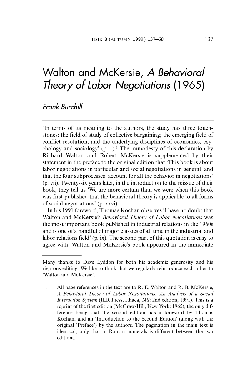 PDF) Walton and McKersie, A Behavioral Theory of Labor