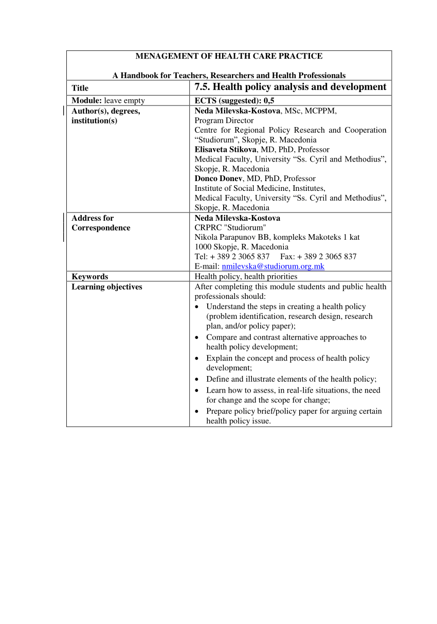 health policy analysis assignment